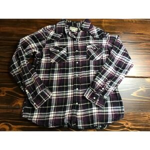 Canyon Guide Shirt, Women's Medium, Purple Cream Black Plaid Western Pearl Snap